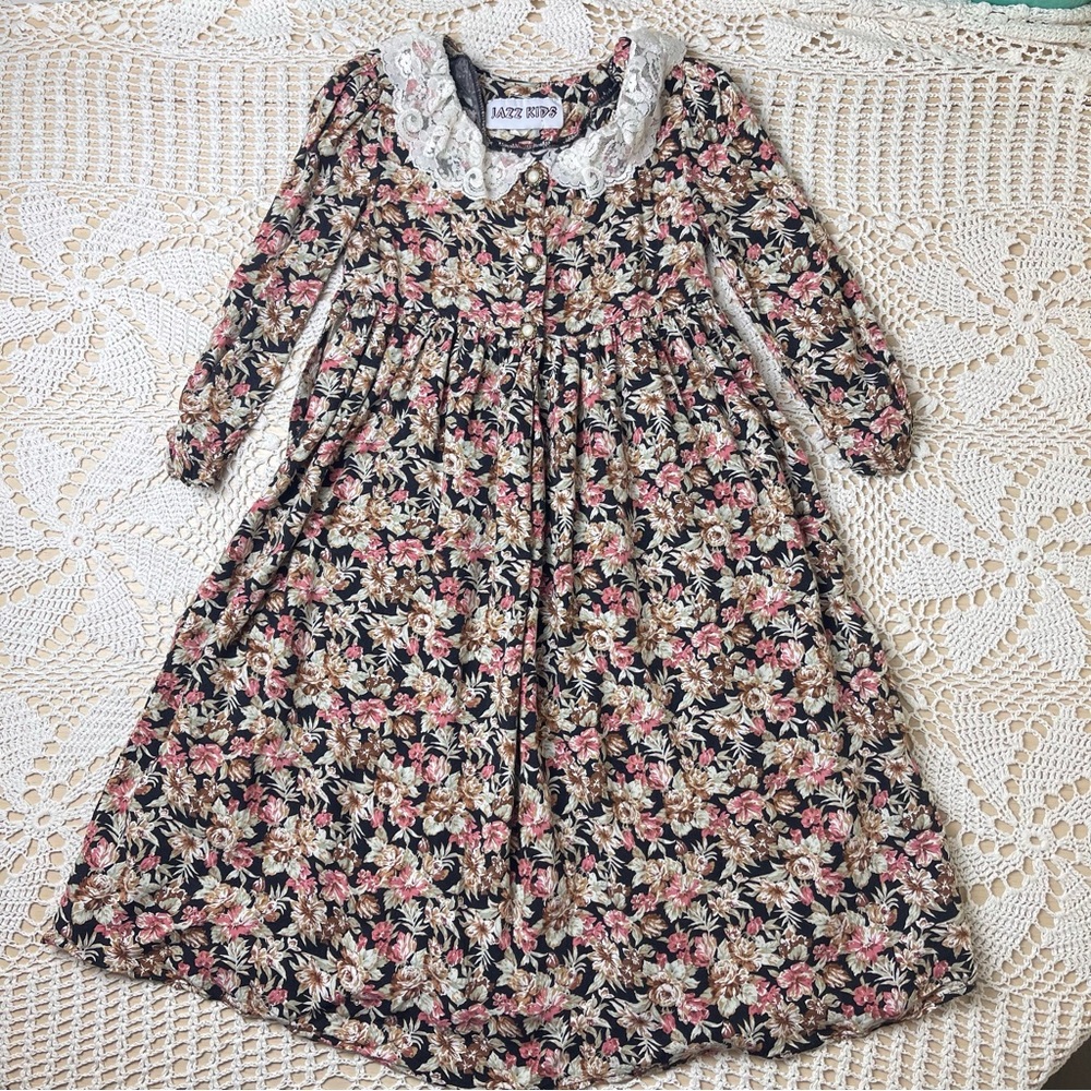 Vintage 1990s Jazz Kids Girls 10 Black Floral Lace Collar Cottagecore Dress